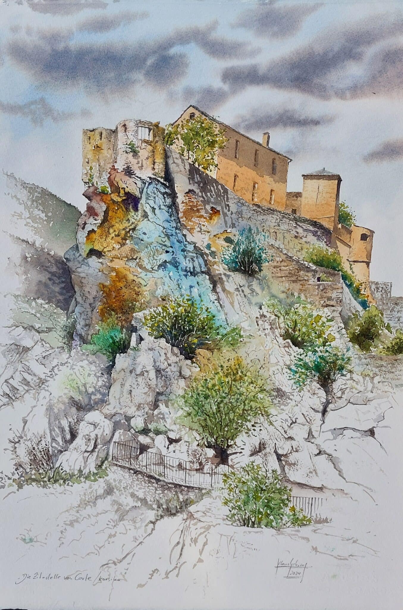 Die Zitadelle von Corte auf Korsika (Aquarell, Gehring 2024)-1